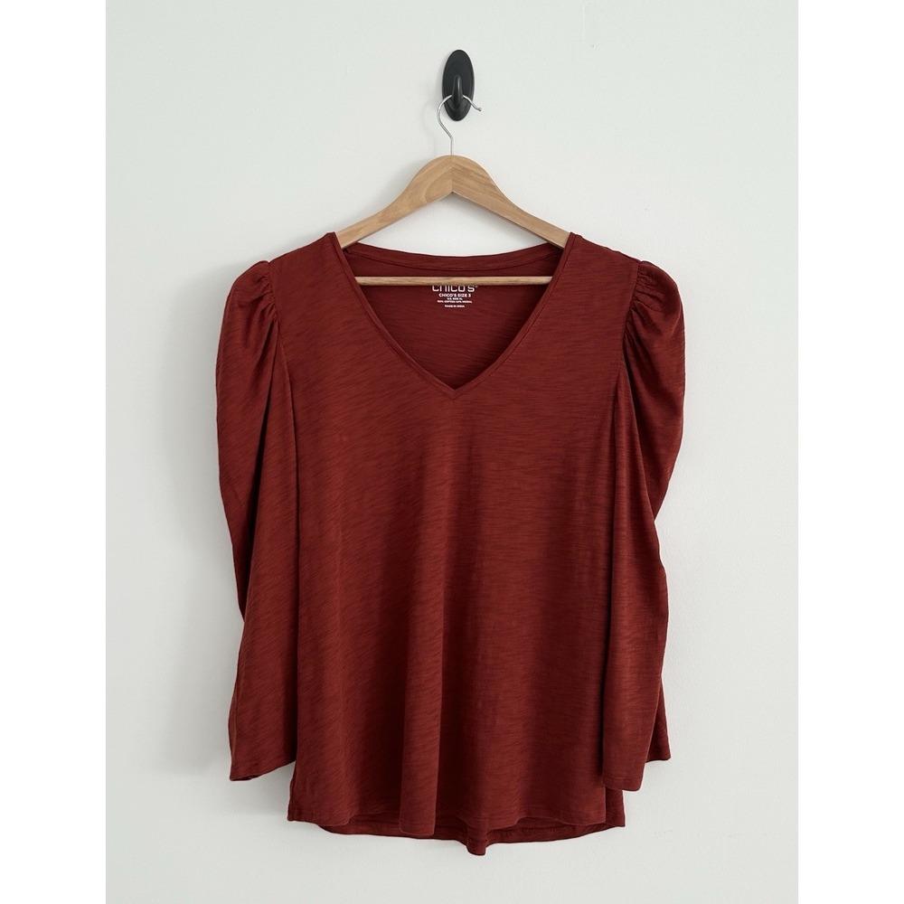 Chico's Women XL Paprika Brown 3/4 Puff Sleeve Cotton Slub Romantic Tee Top NWT - Picture 2 of 11